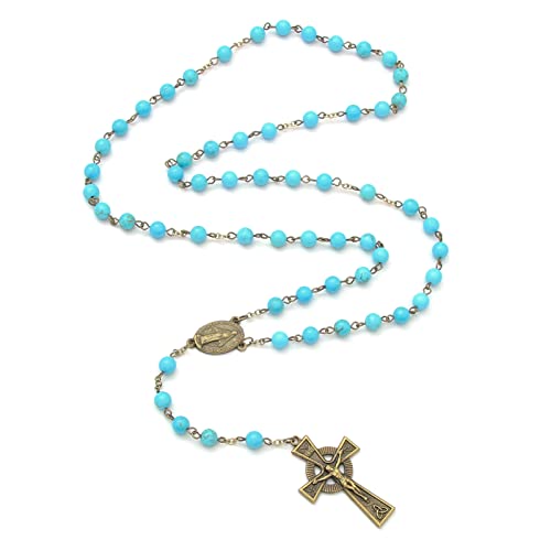 KOMI Rosary Beads Catholic for Women Gemstone Rosary Beads Necklace with Crucifix Cross Crystal Pearl Rosary Rosarios Catolicos Catholic Gifts - style: 6mm Turquoise