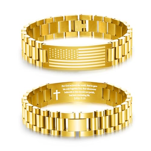 P. BLAKE American Flag Bible Verse Bracelet for Men, Stainless Steel Engraved Scripture Bracelet Christian Religious Christmas Birthday Jewelry Gifts - color: Gold, size: John 3:16