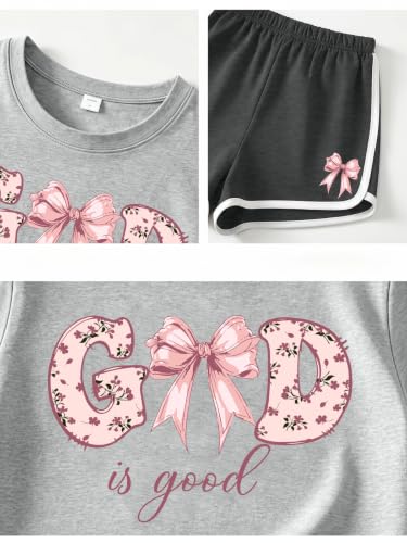 Eatbook Christian Girls Clothes 2 Pcs God is Good T-Shirt Bow Shorts Set - color: Grey, size: 7-8 Years
