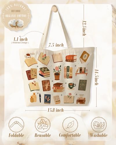 Miss Adola Large Tote Bag for Women - Canvas Tote Bag with Zipper Aesthetic Reusable Shoulder Bag for Gym, Travel, Work - style: Book Coffee