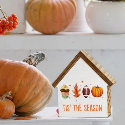 Fall Decor, Tis' the Season House Shaped Wood Block Sign - color: Tis