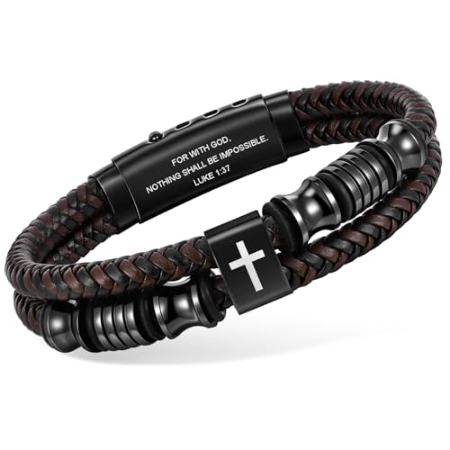 Christian Brown Leather Bracelet for Men - Double-Row Braided Leather Faith Cross Bracelets Bangle Religious Baptism Inspirational Bible Verse Jewelry Gift for Young Men Teenage, Adjustable Wristband - color: Luke 1:37