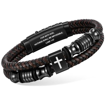 Christian Brown Leather Bracelet for Men - Double-Row Braided Leather Faith Cross Bracelets Bangle Religious Baptism Inspirational Bible Verse Jewelry Gift for Young Men Teenage, Adjustable Wristband - color: Luke 1:37