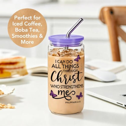 Christian Gifts for Women 16 oz Glass Cups with Lids and Straws, Purple Butterfly Cross Iced Coffee Tumbler for Home Office, Mothersday Baptism Birthday Religious Gifts for Church Friends