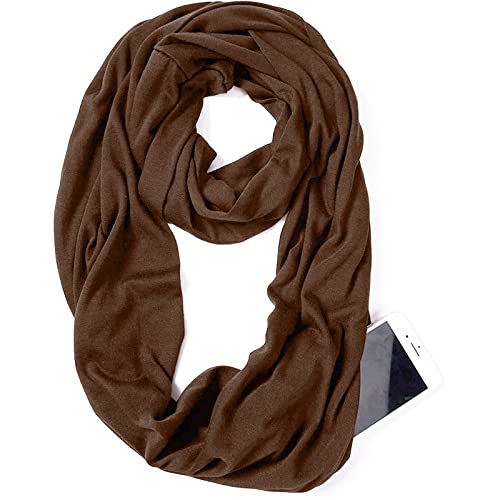 elzama Infinity Loop Solid Color Scarf With Hidden Zipper Pocket For Women - Lightweight Travel Neck Wrap - color: 12-dark Brown