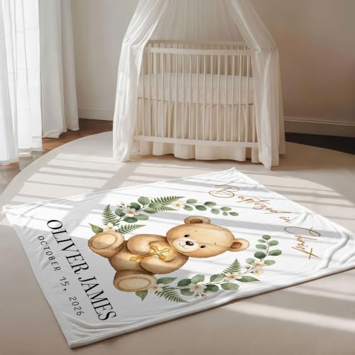 Personalized Baptism Teddy Bear Toddler Blanket, Baptized in Christ Christian Cross Throw, Custom Name and Date Faith Keepsake for Boy Girl, Religious Gift from Parents Grandparents - color: Baptsim Toddler Blanket#7