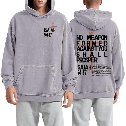Christian Hoodies Men Jesus No Weapon Formed Against You Sweatshirts Faith God Oversized Acid Wash Graphic Pullover - color: Gray, size: Small