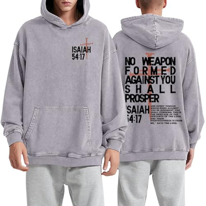 Christian Hoodies Men Jesus No Weapon Formed Against You Sweatshirts Faith God Oversized Acid Wash Graphic Pullover - color: Gray, size: Small