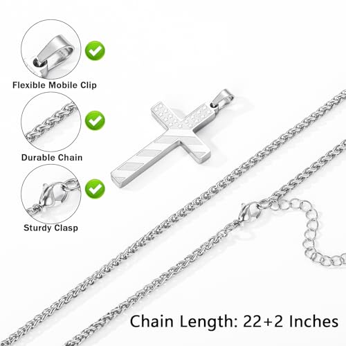 Cross Necklace for Men, 316L Stainless Steel American Flag Bible Verse Christmas Christian Catholic Baptism Confirmation Gifts 22+2 Inches - color: Silver, style: 3:1 I AM A CHILD OF GOD