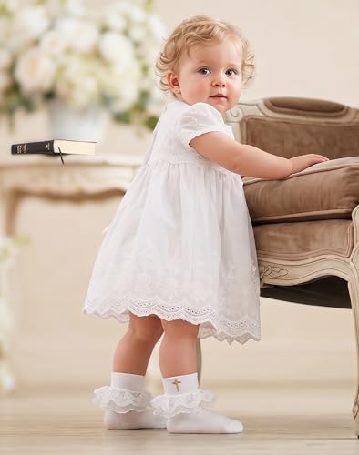 Baptism Socks for Baby Girls - White Newborn Christening Socks With Cross & Eyelet Frilly Lace - color: B-white
