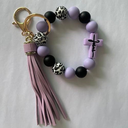 Silicone Beaded Jesus Cross Wristlet Keychain Leather Tassel,Key Ring Wrist Bangle,Key Chains Bracelet Women - color: Light Purple Cross