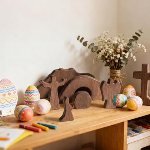 Wooden Empty Tomb Easter Scene Cross Decoration, 7-Piece Jesus Resurrection Nativity Set, Religious Christian Tabletop Decor for Home Office Church