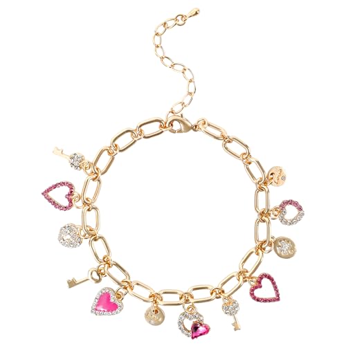 Boho Cute Gold Charm Link Bracelet for Women Starfish Clover Cross Star Lock Key Heart Pearl Charm Bracelets Vacation Spring Summer Santa Claus Reindeer Christmas Party Jewelry Gifts for Womens - style: Red Heart