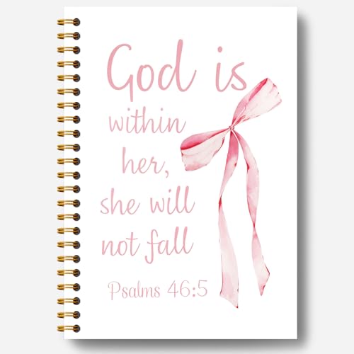 Coquette Pink Bow Christian Notebooks foe Women, God is Within Her She Will Not Fall Bible Journaling Notebook, Church Notes Journal, Prayer Journal, Hardcover Spiral Notebook 5.5x8.3 Inch - color: Section 5