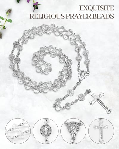 Rosary Beads for Women - Catholic Rosary Beads with Cross, Pink Crystal Rosary Necklace with Velvet Pouch, Religious Gifts for Women - color: Crystal