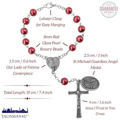 TALISMAN4U St. Michael Guardian Angel Medal Rosary for Car Rearview Mirror - color: Red Rosary Beads
