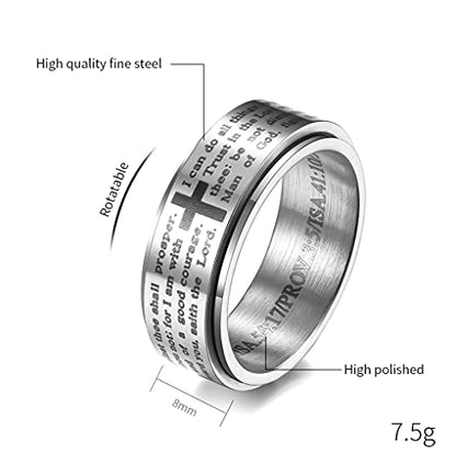 8MM Stainless Steel Bible Verse Christian Lord's Prayer Cross Ring Spinner Wedding Bands for Men Women - color: Silver