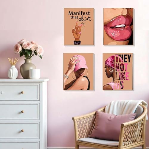 EVER-GOING TUNE Pink Black Girl Wall Art Set of 4,Trendy African American Women Wall Art,Trendy Preppy African American Woman Pictures for Living Room Bedroom College Dorm,8x10(Unframed - color: Pink Wall Art-1