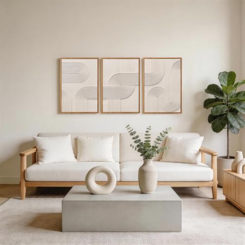 CHDITB 3D Textured Geometric Lines Framed Wall Art, Beige Relief Painting - color: 3d Line
