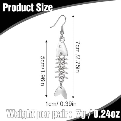 Yuanchu Fish Bone Grunge Earrings for Women, 2 Pair Zinc Alloy Long Cool Earrings Weird Jewelry Fishbone Dangle Earrings Fish Hook Punk Goth Earrings