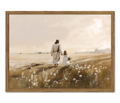 Jesus and Girl Walking in Wildflower Wall Art Jesus and Girls Walking the Path Decor Painting Christian Religious Poster Canvas Print Picture for Living Prayer Room Bedroom 16x24 inch Wood Framed - color: Jesus-G, size: 24"L x 16"W
