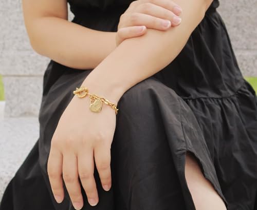 Heart Charm Bracelet Plated 18K Gold/Silver/Rose Gold Bible Scripture Heart Bracelet for Women Jewelry Gift Her Link Chain OT Clasp Stainless Steel - color: 18k Gold（7.1 inch）