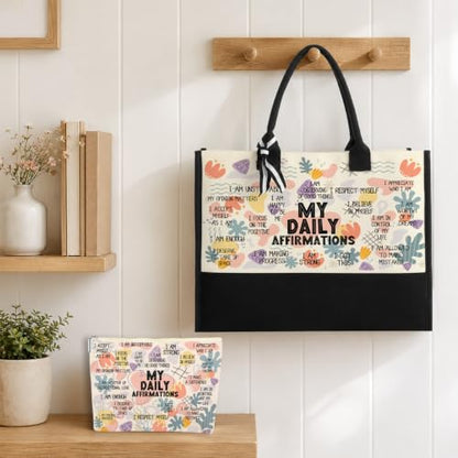 jeilink Inspirational Religious Gifts Boss Mom Birthday Christmas Tote Bag Canvas Reusable Grocery Beach Tote Black Pink - color: Daily Affirmations 1712