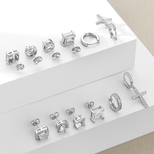 6 Pairs 14K Gold Plated Earrings Set for Women Men Hypoallergenic Cubic Zirconia Stud Hoop Dangle Cross Earrings - color: Silver