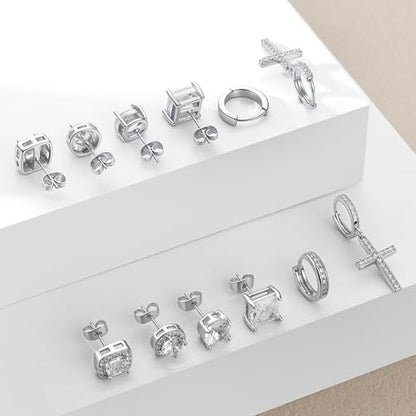6 Pairs 14K Gold Plated Earrings Set for Women Men Hypoallergenic Cubic Zirconia Stud Hoop Dangle Cross Earrings - color: Silver