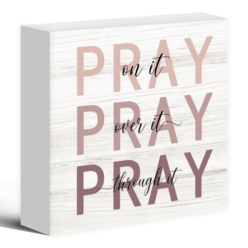 Christian Bible Verse Wood Box Sign Desk Decor 5X5, Pray on Over Through It Religious Wooden Block Sign Decorations for Home Bedroom Office Desk Table Wall Tabletop Shelf Decor - color: Keep Praying
