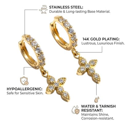 14K Gold Plated Cross Earrings for Women – Hoop Huggie Dangle Earring – Stainless Steel, Hypoallergenic, Lightweight CZ, Water‑Resistant & Tarnish‑Resistant Everyday Jewelry