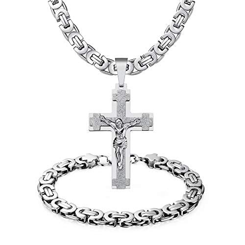 Mens Stainless Steel Silver Gold Jesus Cross Pendant Necklace Chain Bracelet Set Jewelry 45/50/55/60/65/70/75cm - style: Style 01-Silver Tone