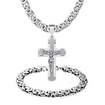 Mens Stainless Steel Silver Gold Jesus Cross Pendant Necklace Chain Bracelet Set Jewelry 45/50/55/60/65/70/75cm - style: Style 01-Silver Tone