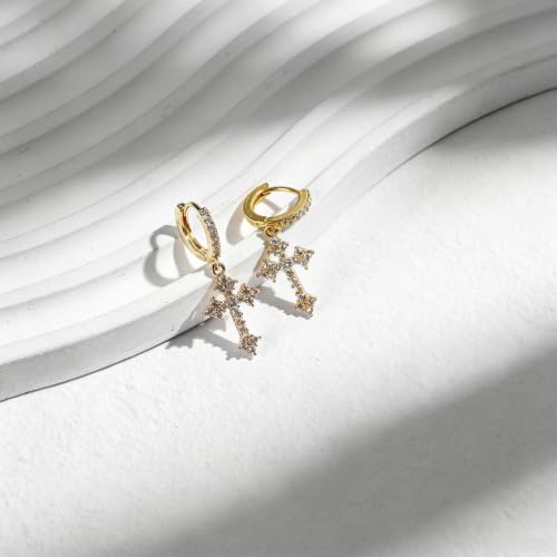 NEWITIN CZ Cross Earrings for Men Women 14K Gold Plated Huggie Hoop Earring - color: Gold A