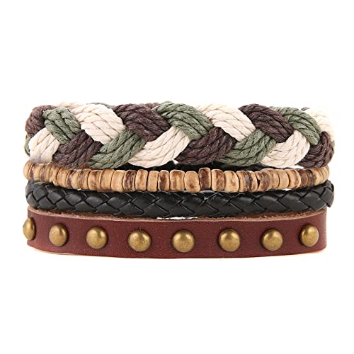 HZMAN Handmade Hemp Cords Wood Beads Leather Bracelets for Men Women - style: Cross Braided