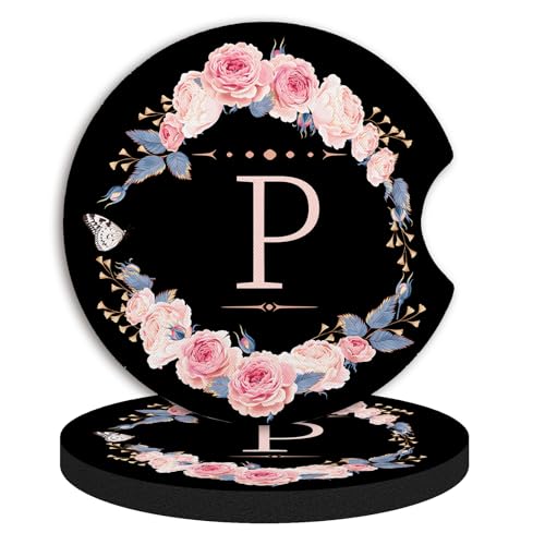 2pcs Letter P Car Coasters,Absorbent Universal neoprener Cup Holder Coasters with a Finger Notch,Car Accessories for Women&Man Interior，2.75" - color: P