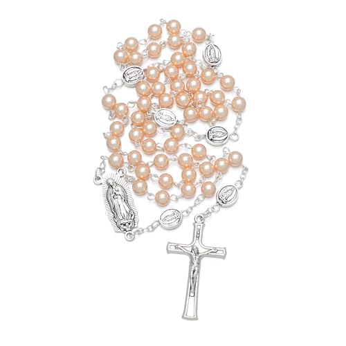 KOMI 6mm Glass Pearl Rosary Beads Catholic for Women with Metal Rosary Box Religious Gifts - style: Guadalupe-pink