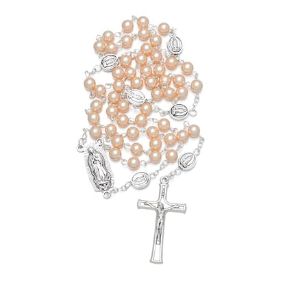 KOMI 6mm Glass Pearl Rosary Beads Catholic for Women with Metal Rosary Box Religious Gifts - style: Guadalupe-pink