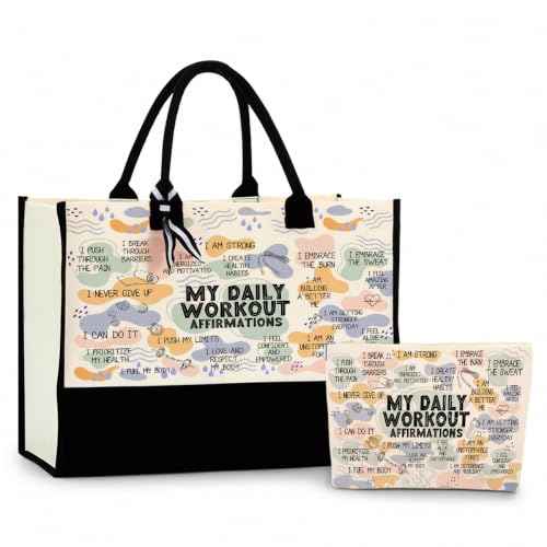 jeilink Inspirational Religious Gifts Boss Mom Birthday Christmas Tote Bag Canvas Reusable Grocery Beach Tote Black Pink - color: Workout Affirmations 1710