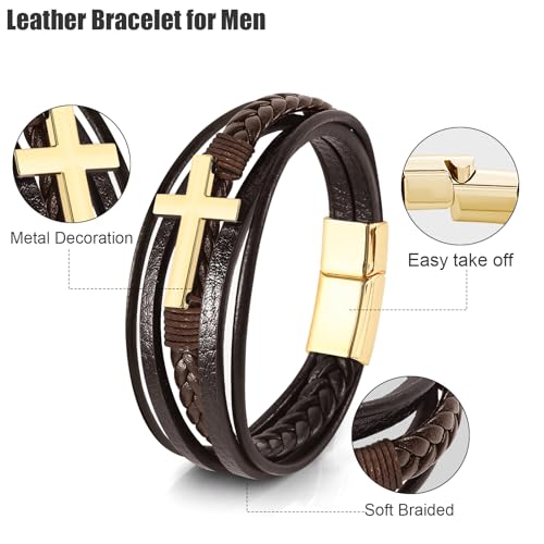 Leather Bracelet for Men Braided Stainless Steel Mens Bracelets - color: Brown-GoldCross
