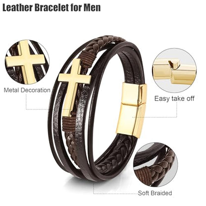 Leather Bracelet for Men Braided Stainless Steel Mens Bracelets - color: Brown-GoldCross