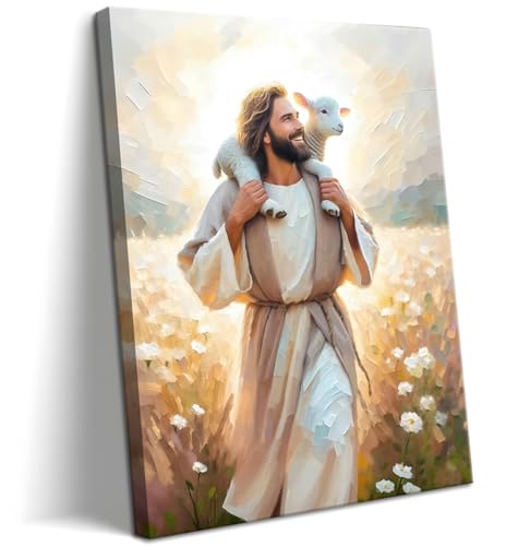 Jesus Canvas Wall Art Print – Christian Wall Decor Poster Painting of Jesus Carrying the Lamb, Inspirational Religious Decor for Living Room, Church or Prayer Room – 12"x16" Framed - color: Jesus is Happy, size: 16"L x 12"W