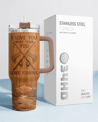 34HD Fishing Love You More 40 oz Tumbler with Handle, Romantic Gift - color: Bass Fish Wood