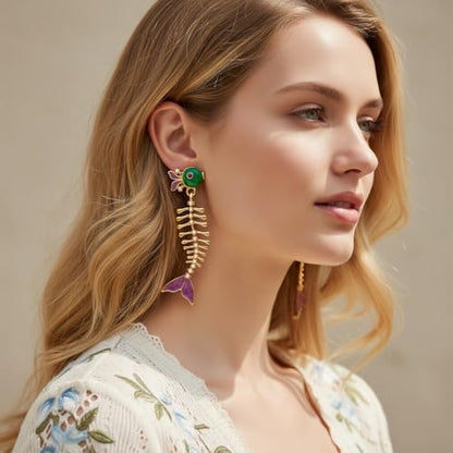 Fish Bone Earrings Drip Oil Animal Earrings Colorful Crystal Sparkly Enamel Earrings Creative Long Fishbone Earstud Dangle Fish Drop Earrings Jewelry for Women - color: Purple