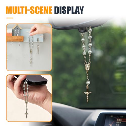 Cross Car Charm, Rosary Automotive Hanging Pendant, Blessing Vehicle Hanging Ornament, Personality Car Interior Decoration Accessories for Women, Men(Gold)