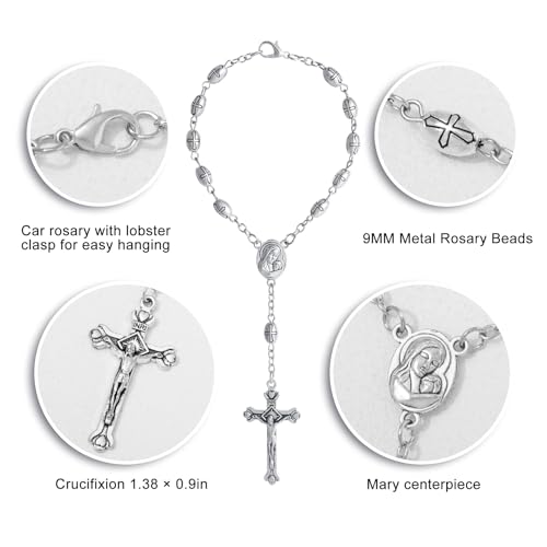 KOMI 2 PCS One Decade Catholic Rosary for Car or Truck Rearview Mirror, Auto Metal Beads Rosary with Mary Medal and Crucifix Cross, Auto Hanging Accessory with Clasp - size: 2 pieces Metal