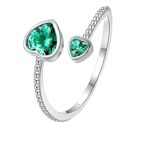 Step Forward 925 Sterling Silver Birthstone Rings for Women - Adjustable Open Heart Ring Constellation Month Band for Her Birthday Gifts Jewelry - color: May