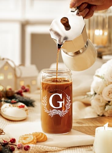 Personalized Gifts for Women, Monogrammed 16oz Glass Cups with Bamboo Lids and Straws, Customized Glass Tumbler, Cute Custom Mug, Customizable Initial Iced Coffee Glasses, Birthday Bridesmaid Mom, G - style: G