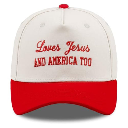 Embroidered Christian Two-Tone Baseball Cap for Men & Women, Adjustable Dad Hat Christmas Easter Gift - color: Loves Jesus and America Too, Red/Beige