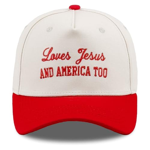 Embroidered Christian Two-Tone Baseball Cap for Men & Women, Adjustable Dad Hat Christmas Easter Gift - color: Loves Jesus and America Too, Red/Beige